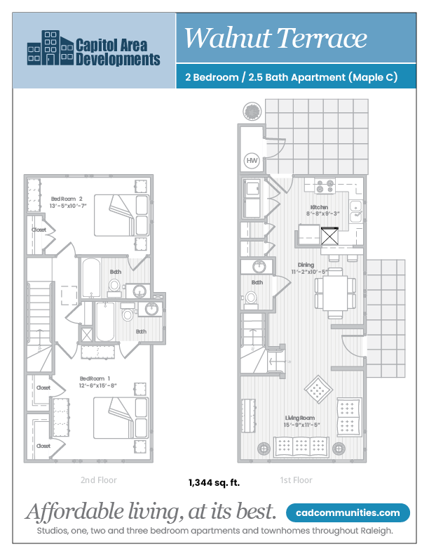 Floor plan for 2 beds, 2.5 baths, 1344 sqft
